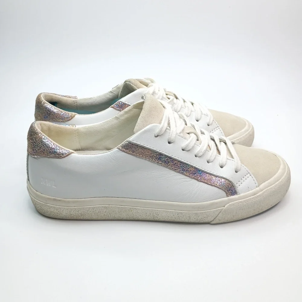 Madewell Sidewalk Low Top Sneakers White Leather Iridescent Glitter MB856 Sz 7.5